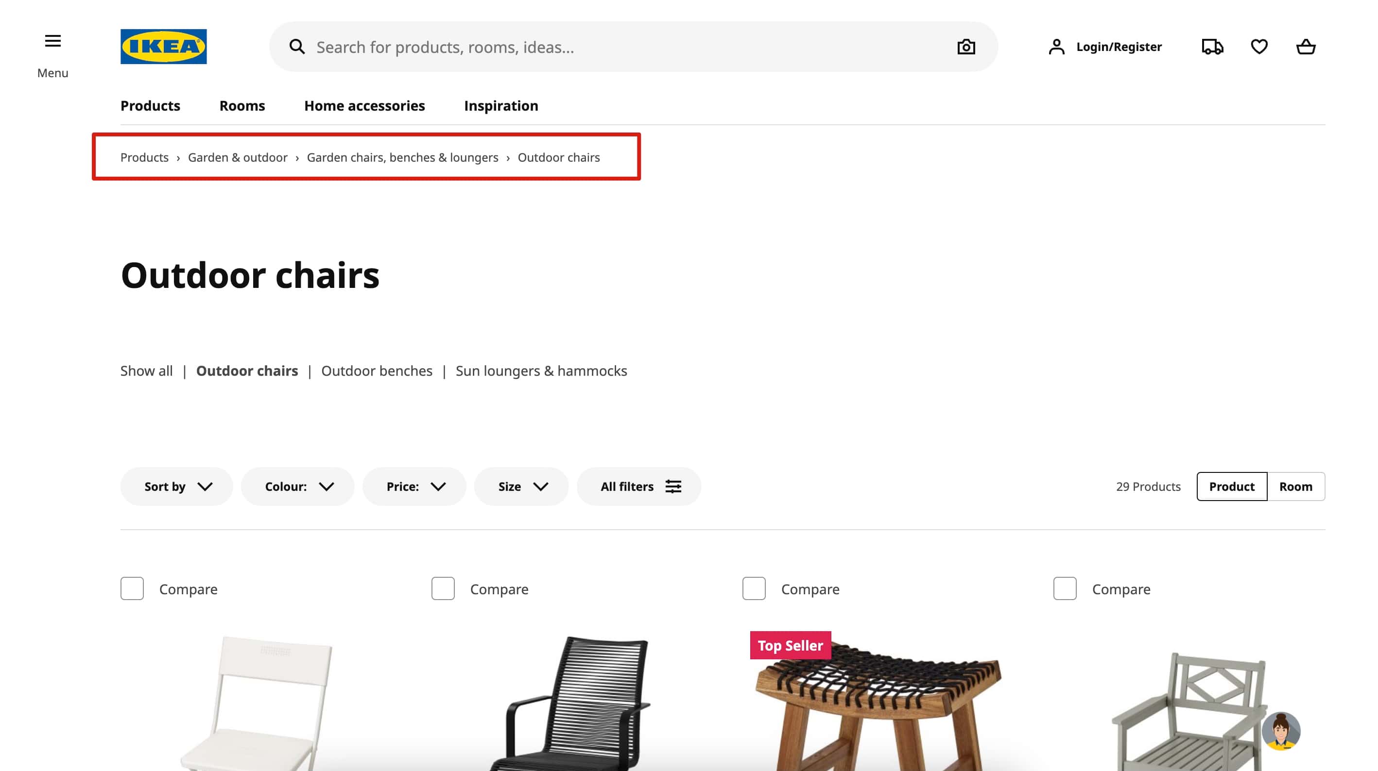 Breadcrumb example from the IKEA website